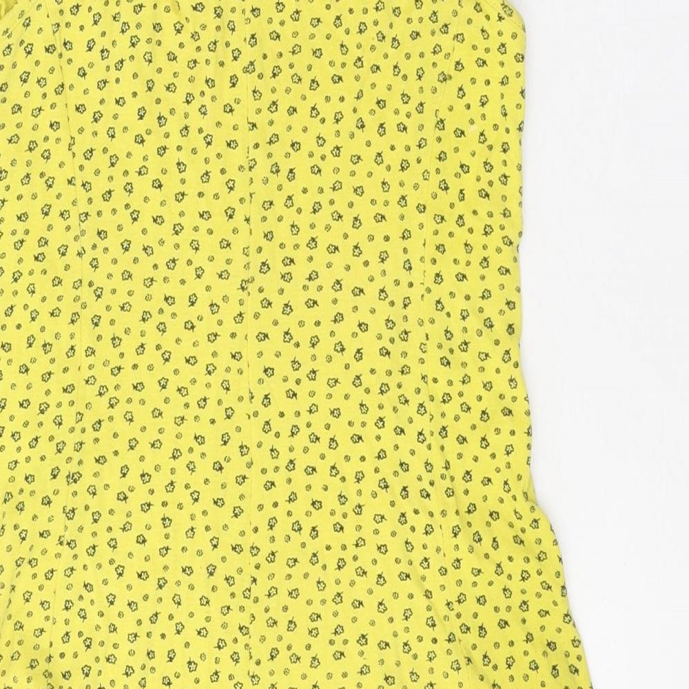 Topshop Womens Yellow Floral 100% Cotton Skater Dress Size 8 Scoop Neck Pullover