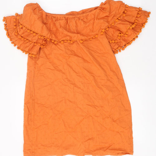PRETTYLITTLETHING Womens Orange 100% Cotton Mini Size 4 Off the Shoulder Pullover - Pom Poms
