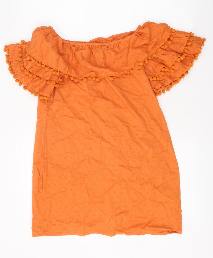 PRETTYLITTLETHING Womens Orange 100% Cotton Mini Size 4 Off the Shoulder Pullover - Pom Poms