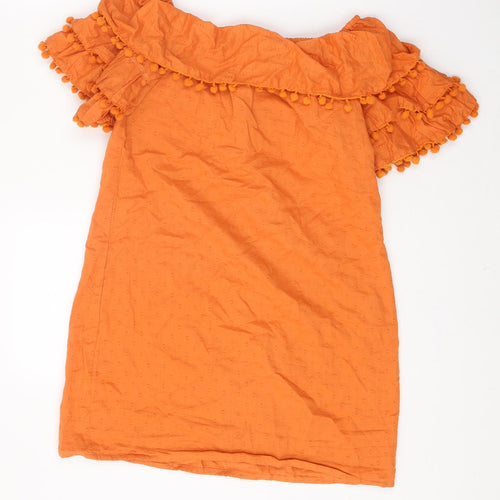 PRETTYLITTLETHING Womens Orange 100% Cotton Mini Size 4 Off the Shoulder Pullover - Pom Poms