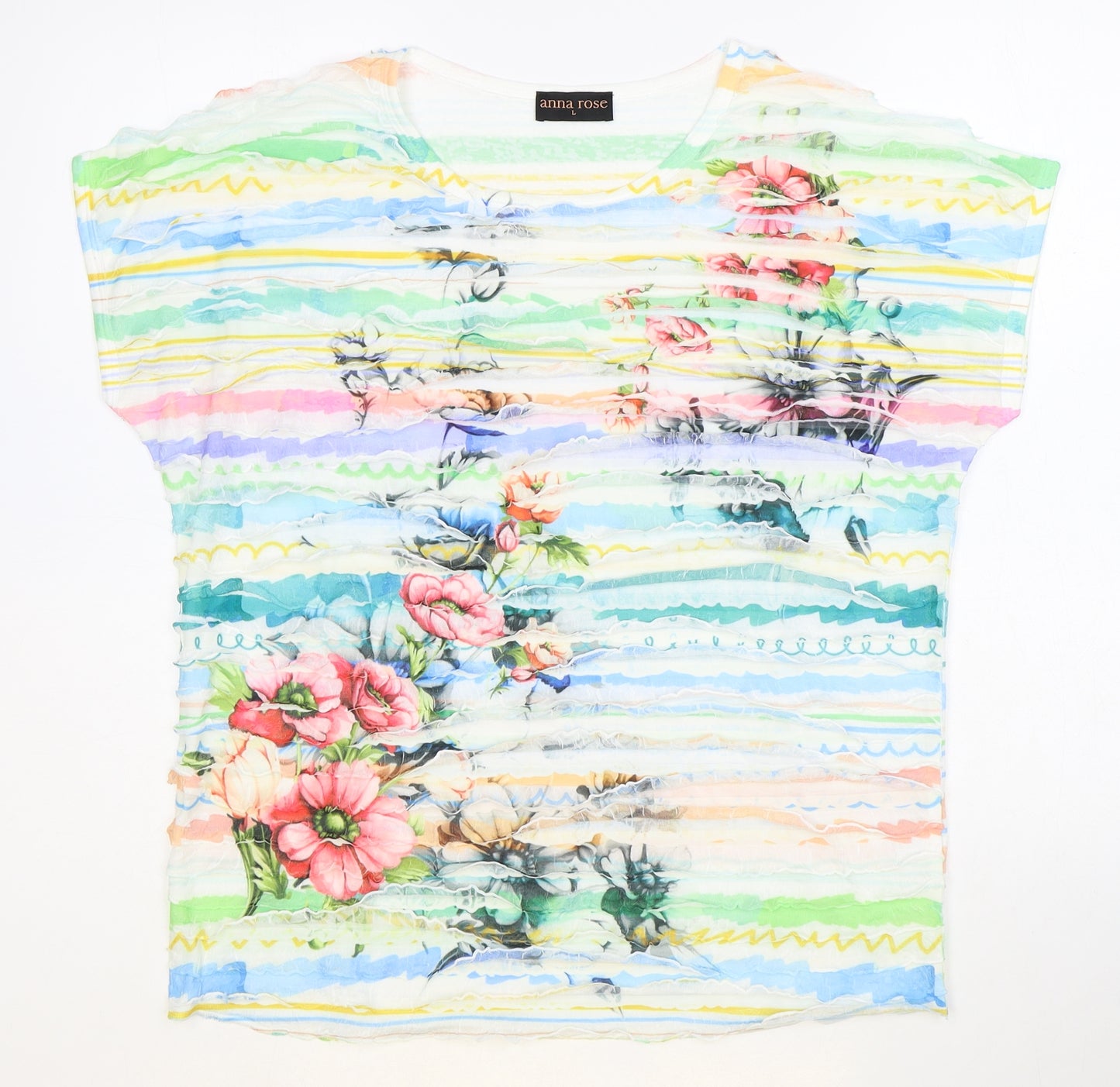 Anna Rose Womens Multicoloured Geometric Polyester Basic T-Shirt Size L Round Neck