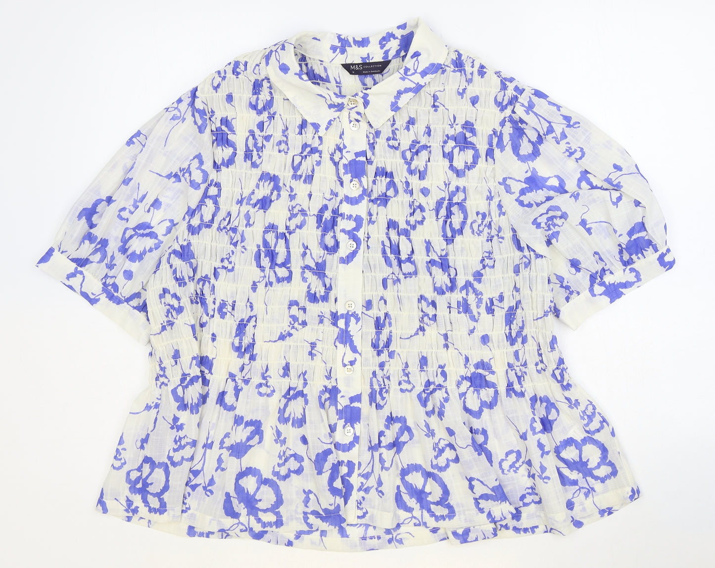 Marks and Spencer Womens White Floral Polyester Basic Button-Up Size 18 Collared