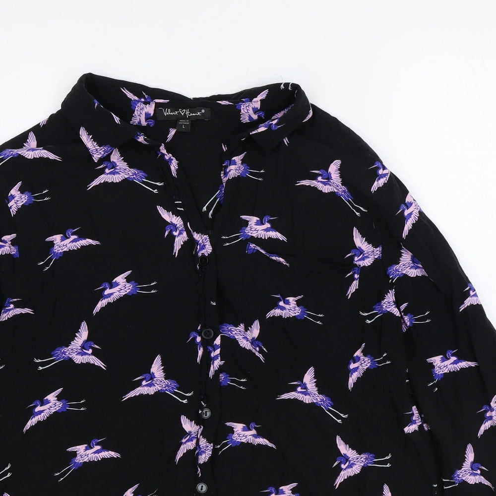 Velvet Heart Womens Black Geometric Viscose Basic Button-Up Size L Collared - Bird Pattern