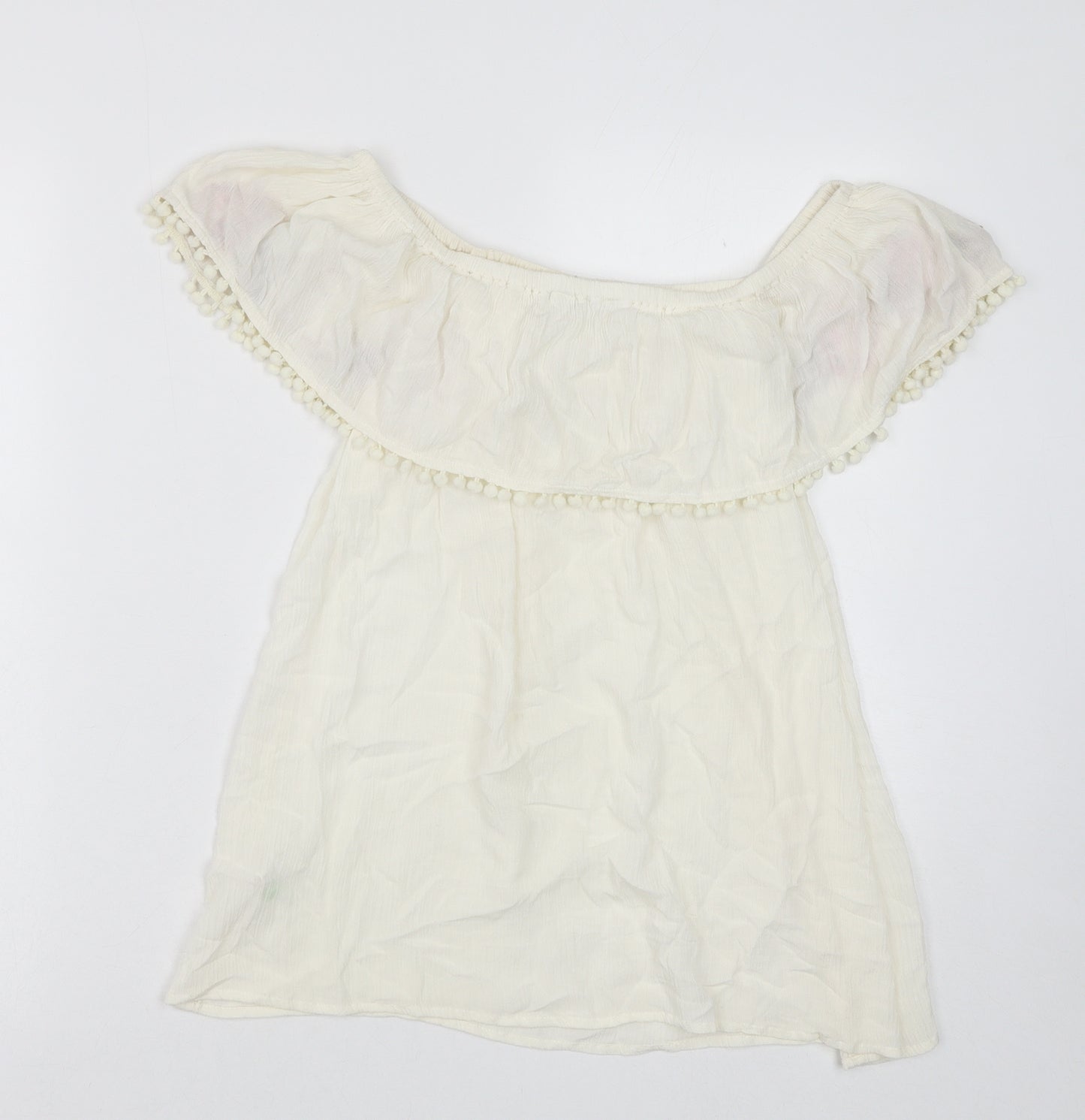 F&F Womens White Viscose Basic Blouse Size 14 Off the Shoulder - Pom Pom Trim Bardot