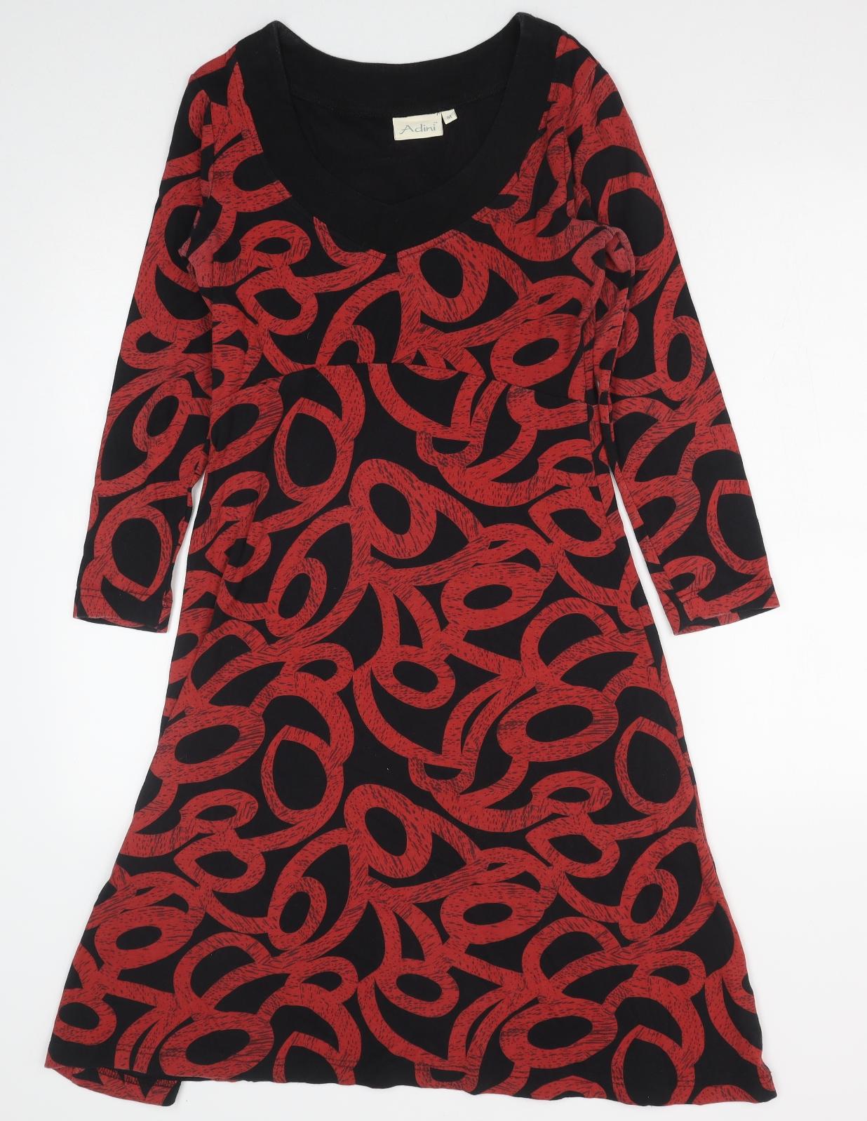 Adini Womens Red Geometric Cotton A-Line Size M Boat Neck Pullover
