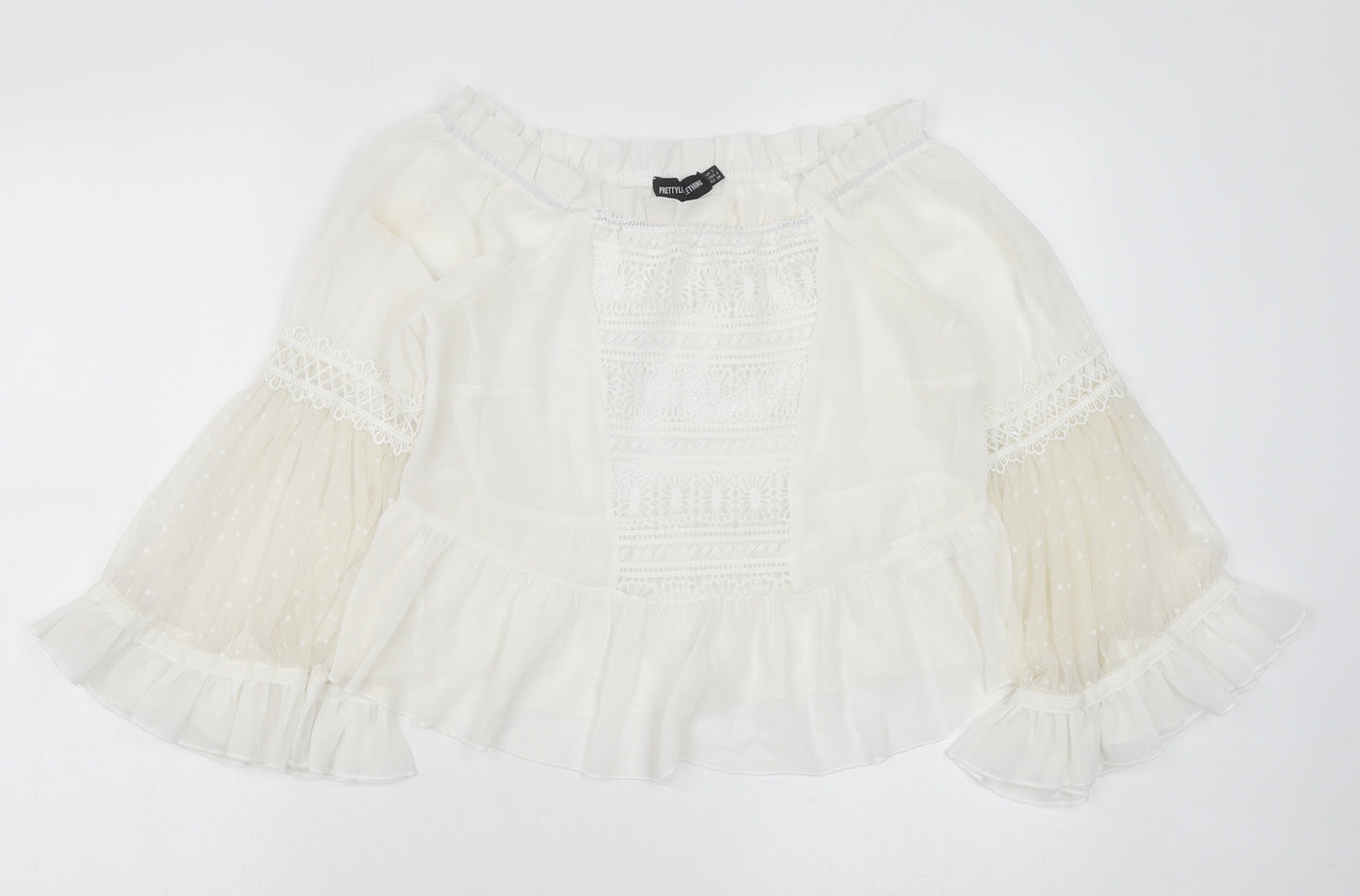 PRETTYLITTLETHING Womens White Polyester Cropped Blouse Size 8 Boat Neck - Flute Sleeve