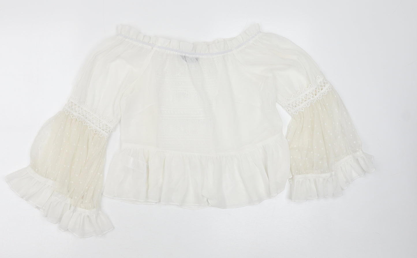 PRETTYLITTLETHING Womens White Polyester Cropped Blouse Size 8 Boat Neck - Flute Sleeve