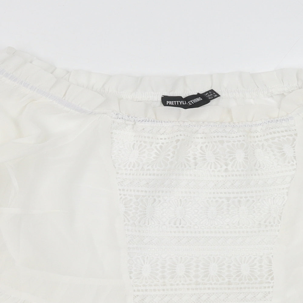 PRETTYLITTLETHING Womens White Polyester Cropped Blouse Size 8 Boat Neck - Flute Sleeve