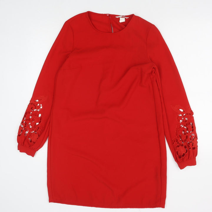 H&M Womens Red Polyester Shift Size 6 Round Neck Button