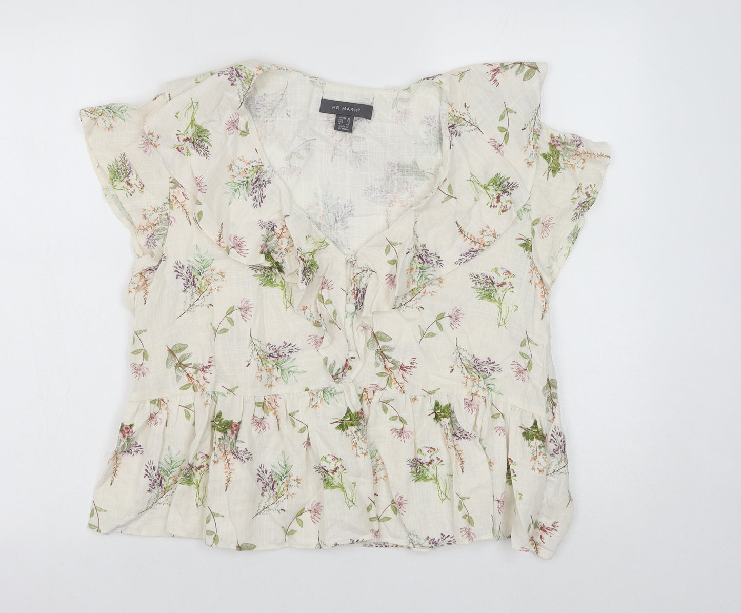 Primark Womens Beige Floral Viscose Basic Blouse Size 12 V-Neck