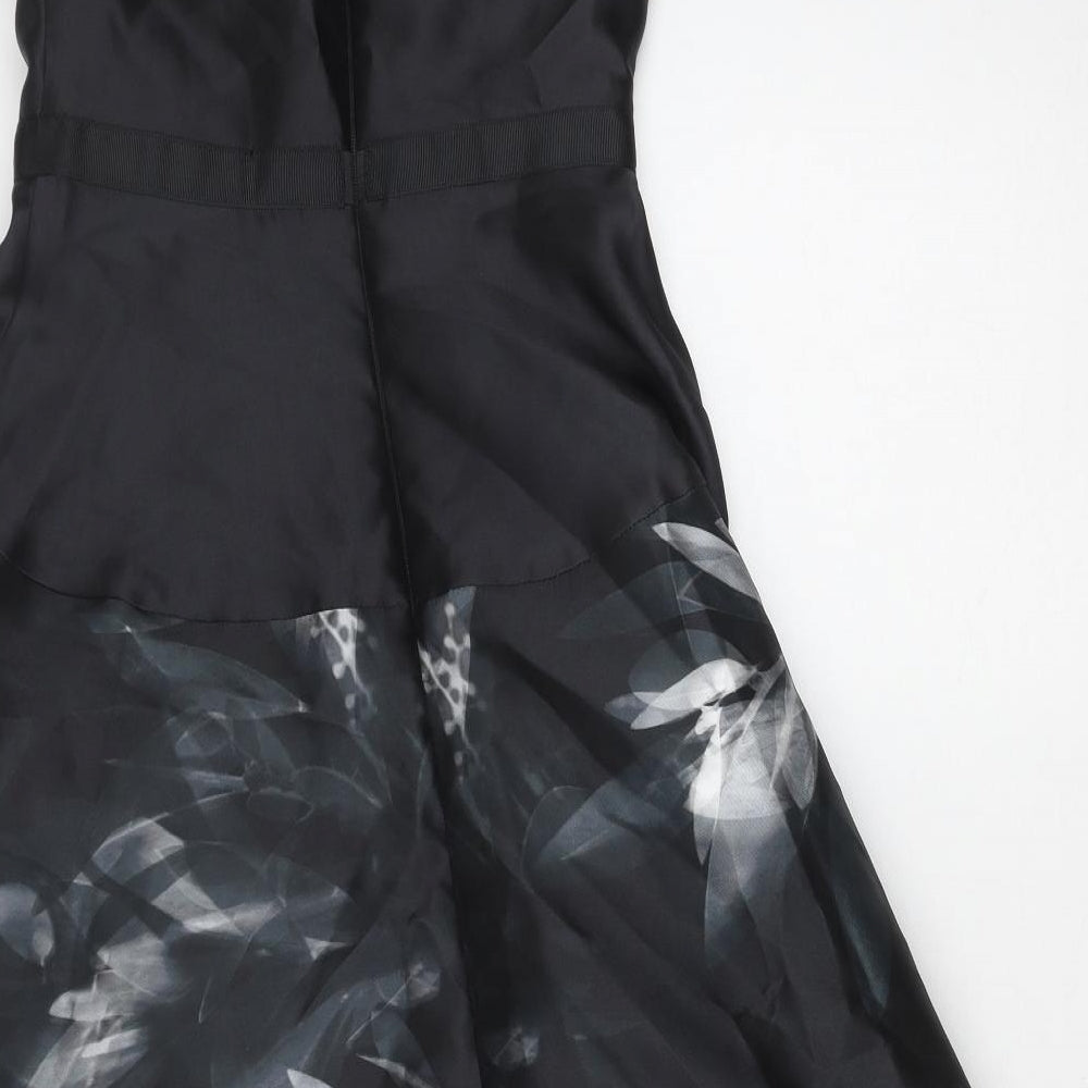 Preworn Womens Black Floral Polyester Ball Gown Size 8 V-Neck Zip