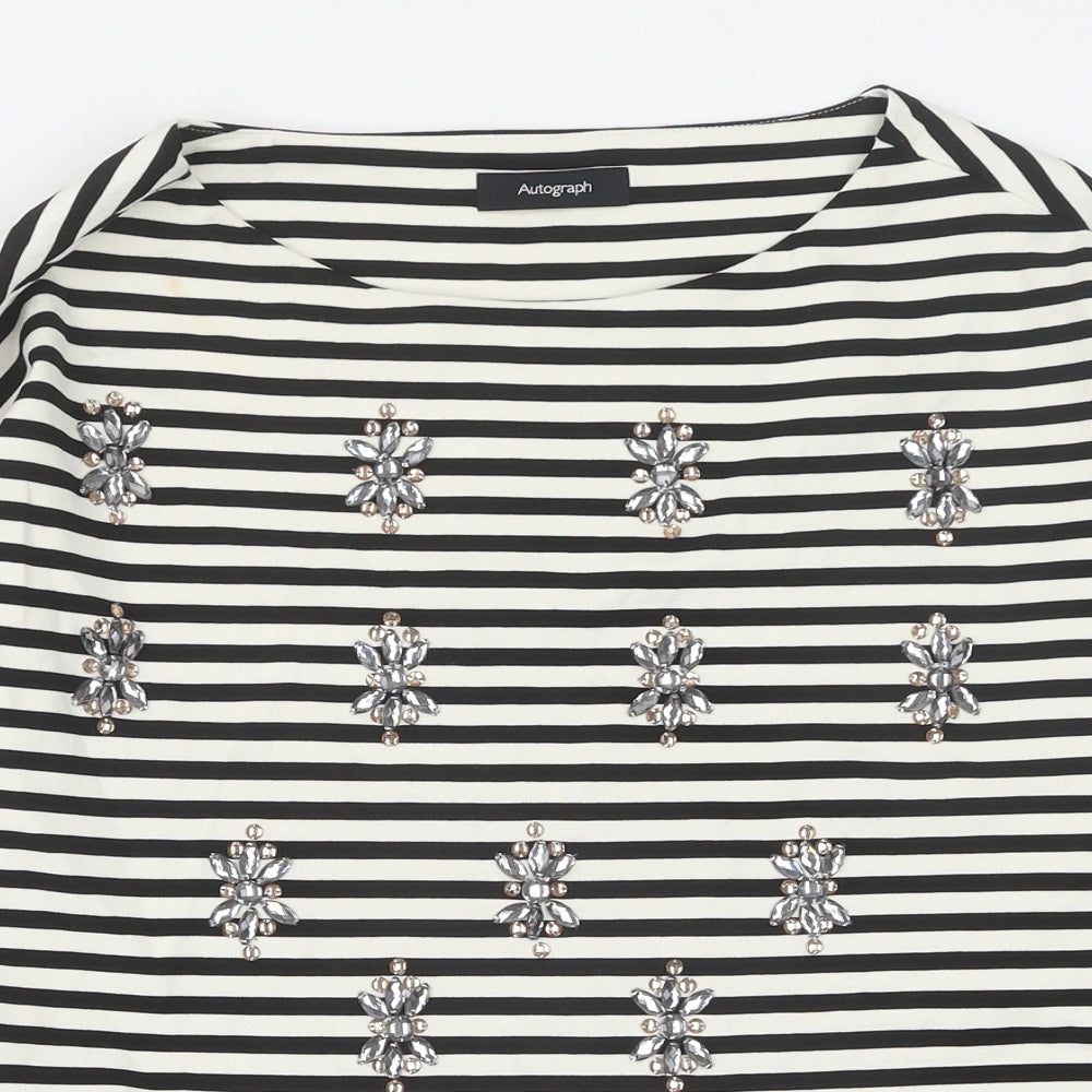 Marks and Spencer Womens Black Striped Viscose Basic Blouse Size 12 Boat Neck