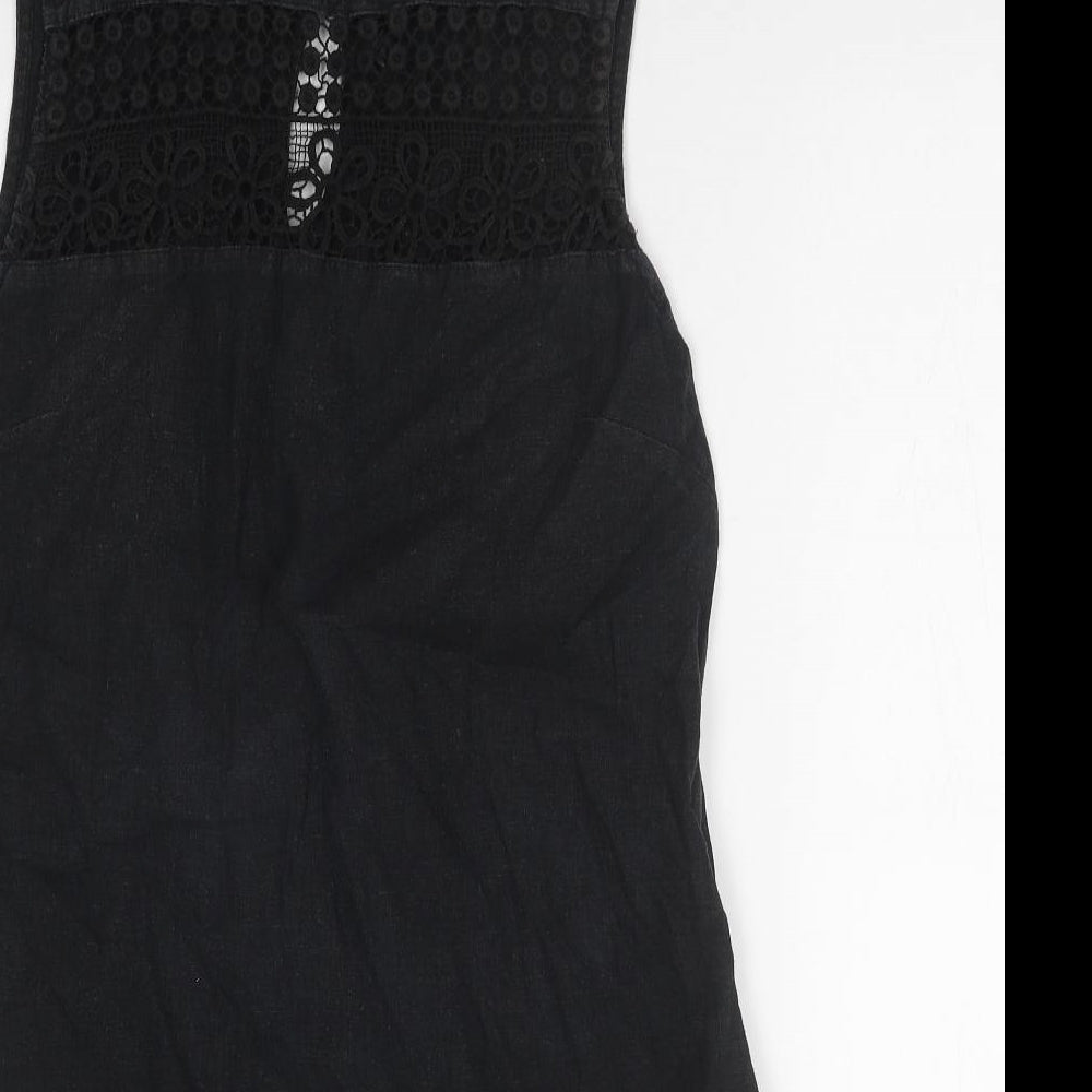 NEXT Womens Black Cotton Shift Size 16 Boat Neck Button - Lace Detail