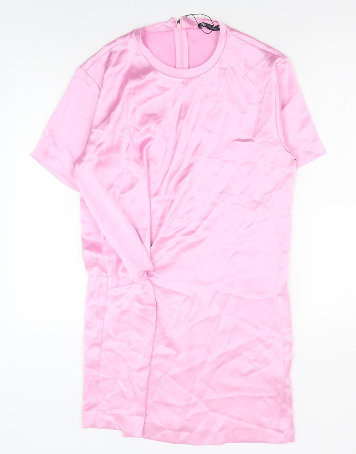 Zara Womens Pink Polyester T-Shirt Dress Size S Round Neck Zip