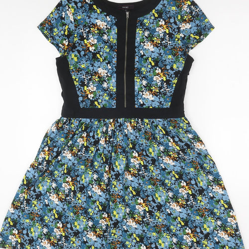Therapy Womens Blue Floral Polyester Fit & Flare Size 12 Round Neck Zip