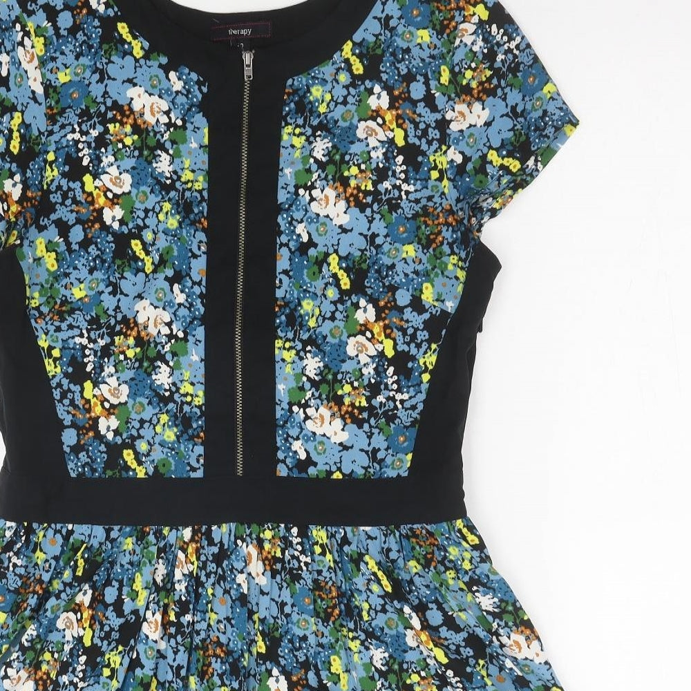 Therapy Womens Blue Floral Polyester Fit & Flare Size 12 Round Neck Zip