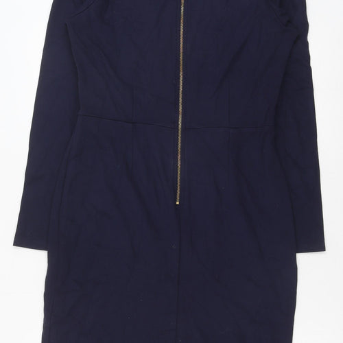 Debenhams Womens Blue Viscose Pencil Dress Size 12 V-Neck Zip