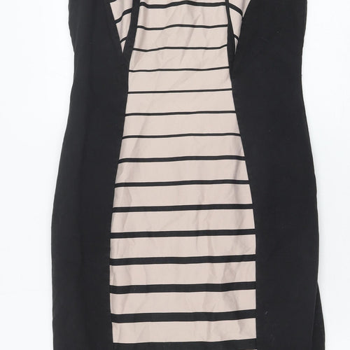 Marks and Spencer Womens Black Striped Cotton Pencil Dress Size 12 Round Neck Zip