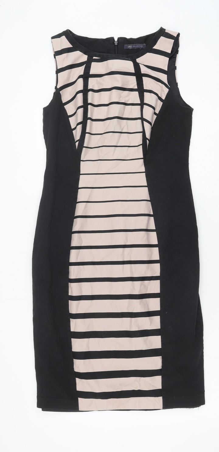Marks and Spencer Womens Black Striped Cotton Pencil Dress Size 12 Round Neck Zip