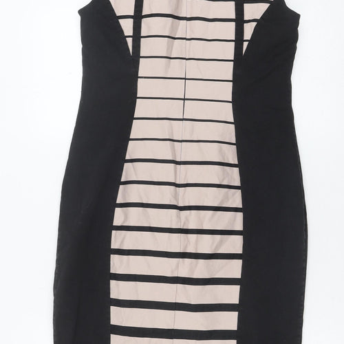 Marks and Spencer Womens Black Striped Cotton Pencil Dress Size 12 Round Neck Zip