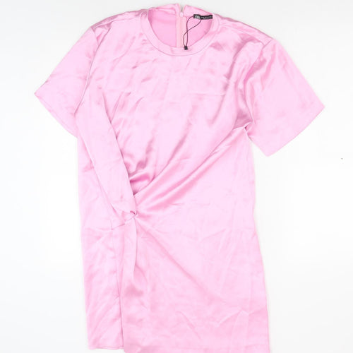 Zara Womens Pink Polyester T-Shirt Dress Size M Crew Neck Zip - Twist Detail