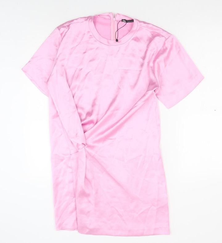 Zara Womens Pink Polyester T-Shirt Dress Size M Crew Neck Zip - Twist Detail