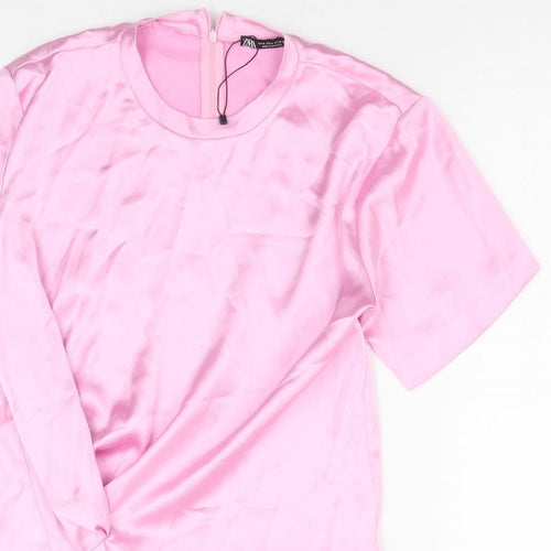 Zara Womens Pink Polyester T-Shirt Dress Size M Crew Neck Zip - Twist Detail