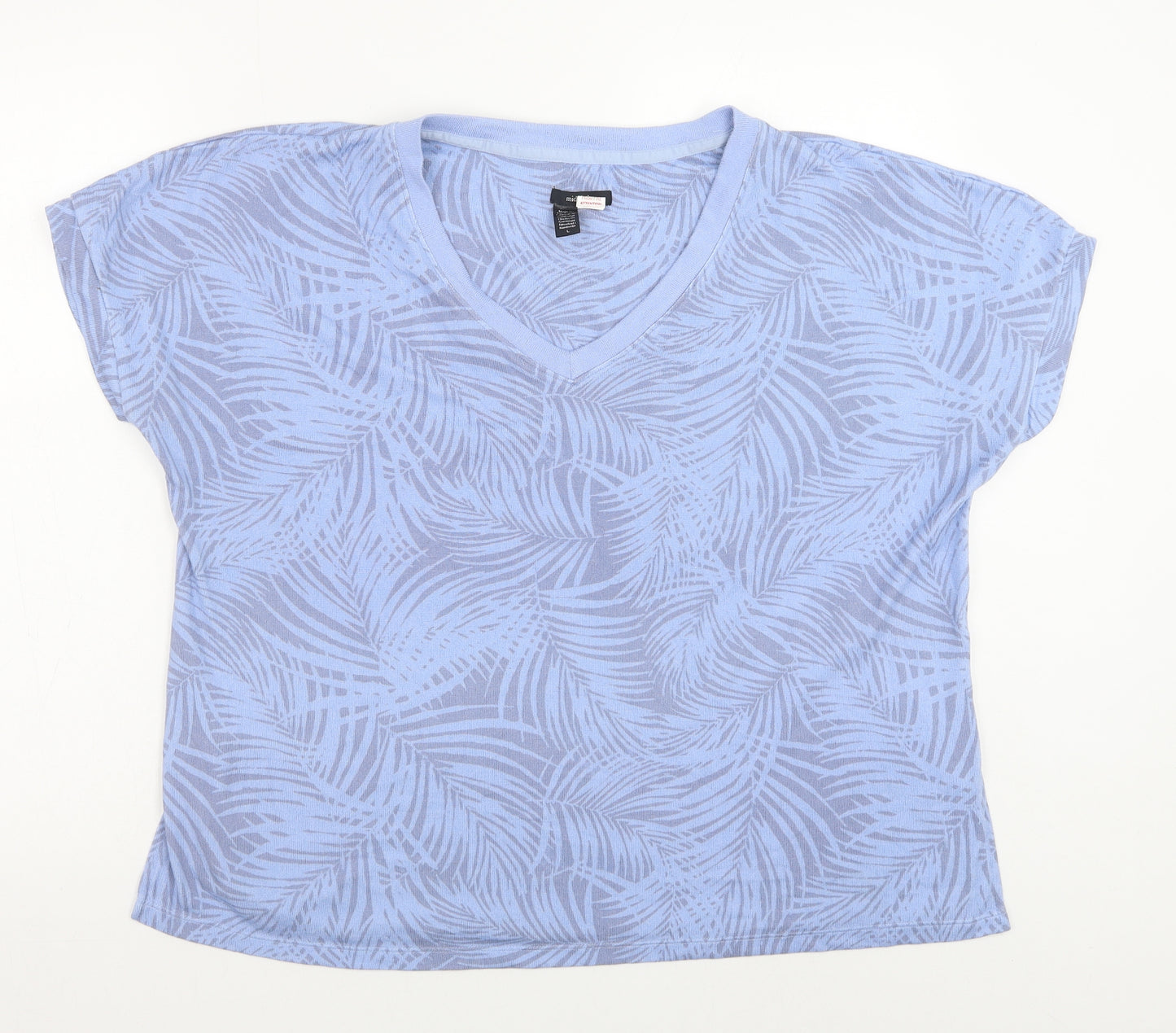 Midnight Womens Blue Geometric Polyester Basic T-Shirt Size L V-Neck - Leaf Print