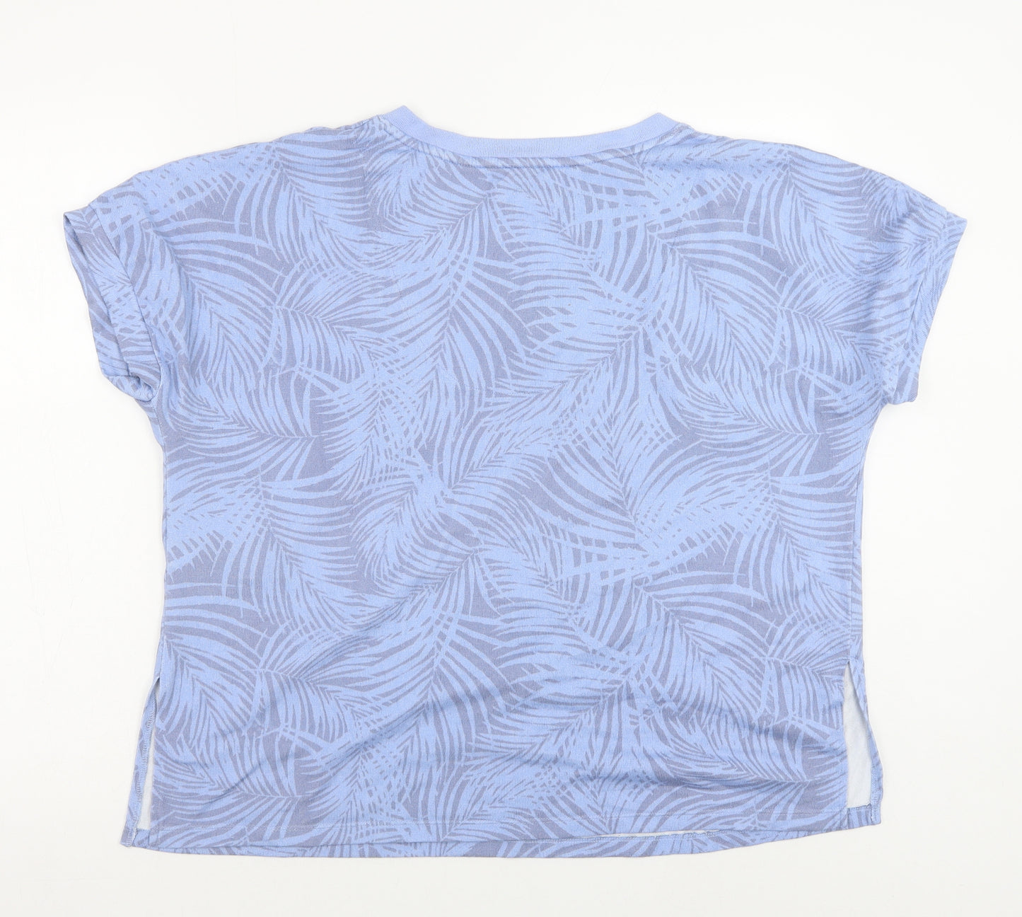 Midnight Womens Blue Geometric Polyester Basic T-Shirt Size L V-Neck - Leaf Print
