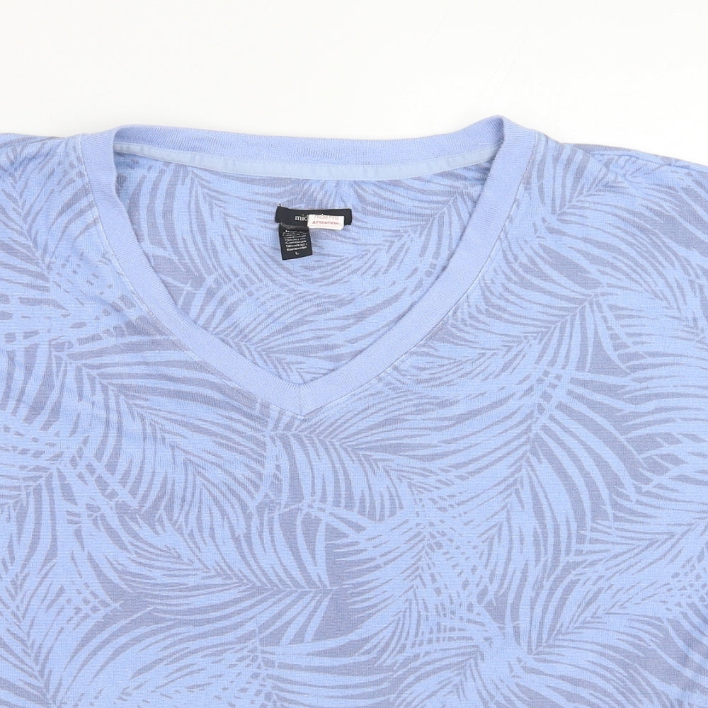 Midnight Womens Blue Geometric Polyester Basic T-Shirt Size L V-Neck - Leaf Print