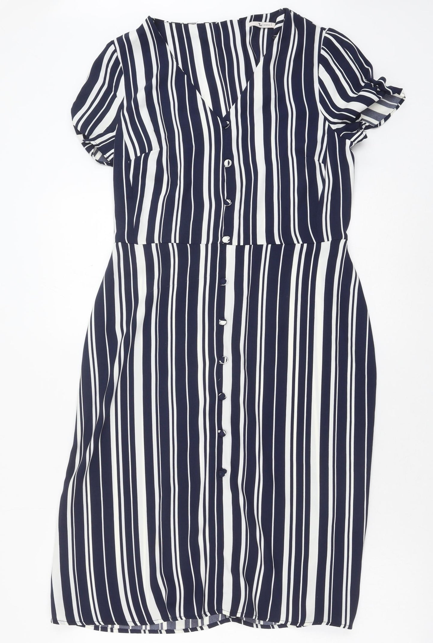 TU Womens Blue Striped Polyester Shirt Dress Size 8 V-Neck Zip