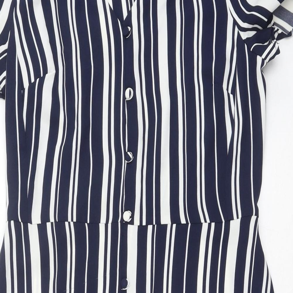 TU Womens Blue Striped Polyester Shirt Dress Size 8 V-Neck Zip