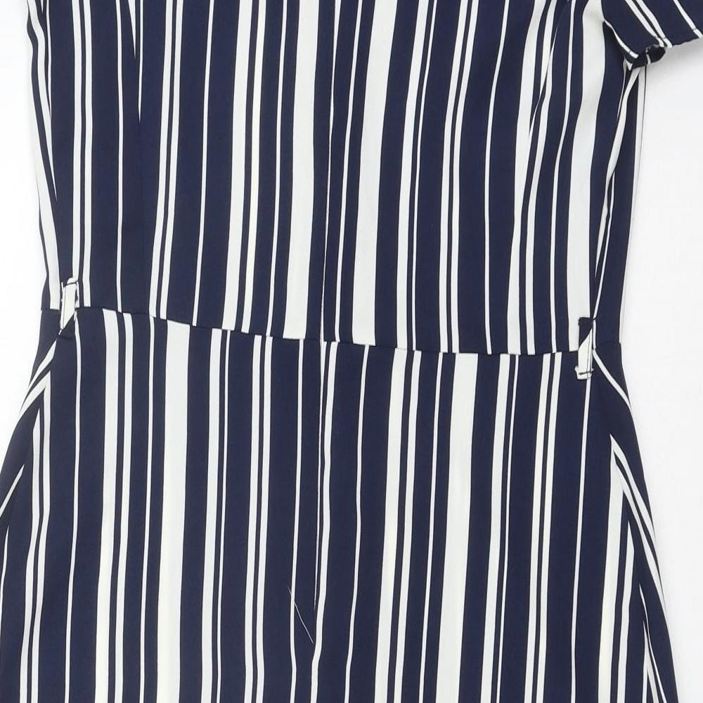 TU Womens Blue Striped Polyester Shirt Dress Size 8 V-Neck Zip