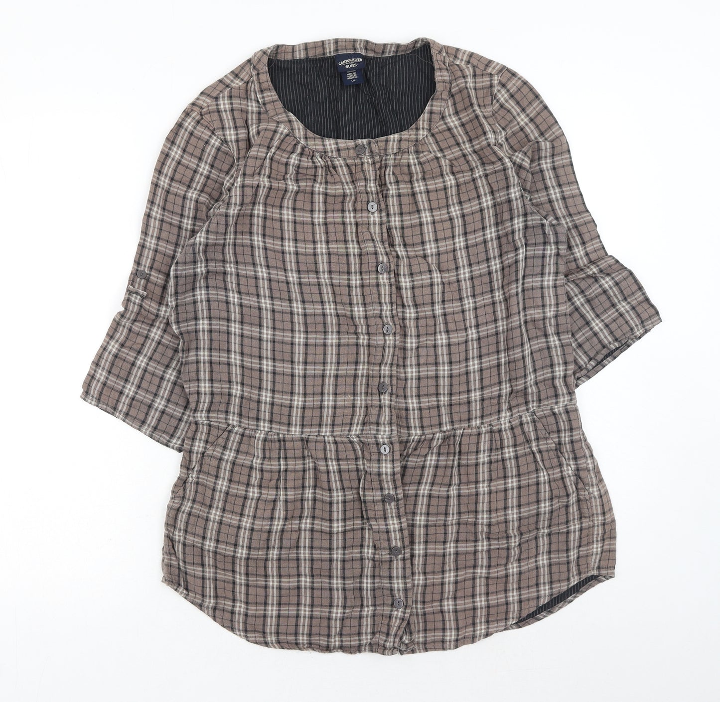 Canyon River Blues Womens Brown Plaid Cotton Basic Button-Up Size L Scoop Neck