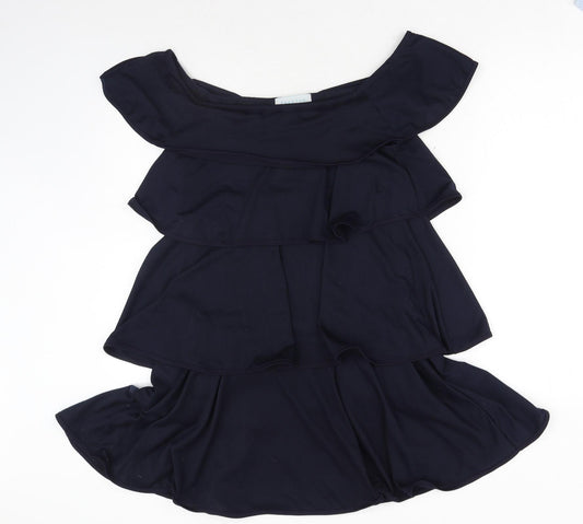 Front view of Jovonna women’s blue polyester a-line, size S, boat neck pullover