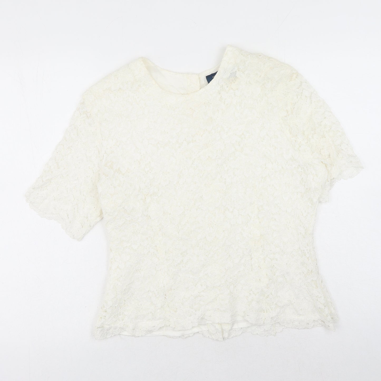 Debenhams Womens White Geometric Viscose Basic T-Shirt Size 16 Round Neck - Lace Overlay