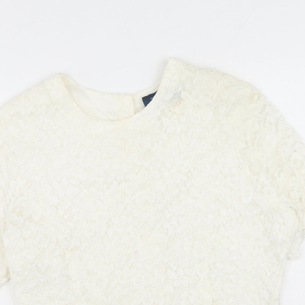 Debenhams Womens White Geometric Viscose Basic T-Shirt Size 16 Round Neck - Lace Overlay