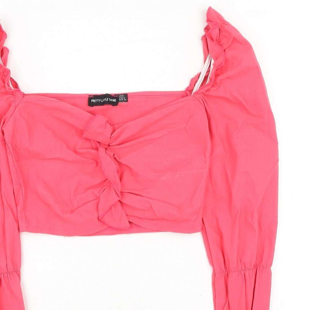 PRETTYLITTLETHING Womens Pink Polyester Cropped Blouse Size 6 Sweetheart