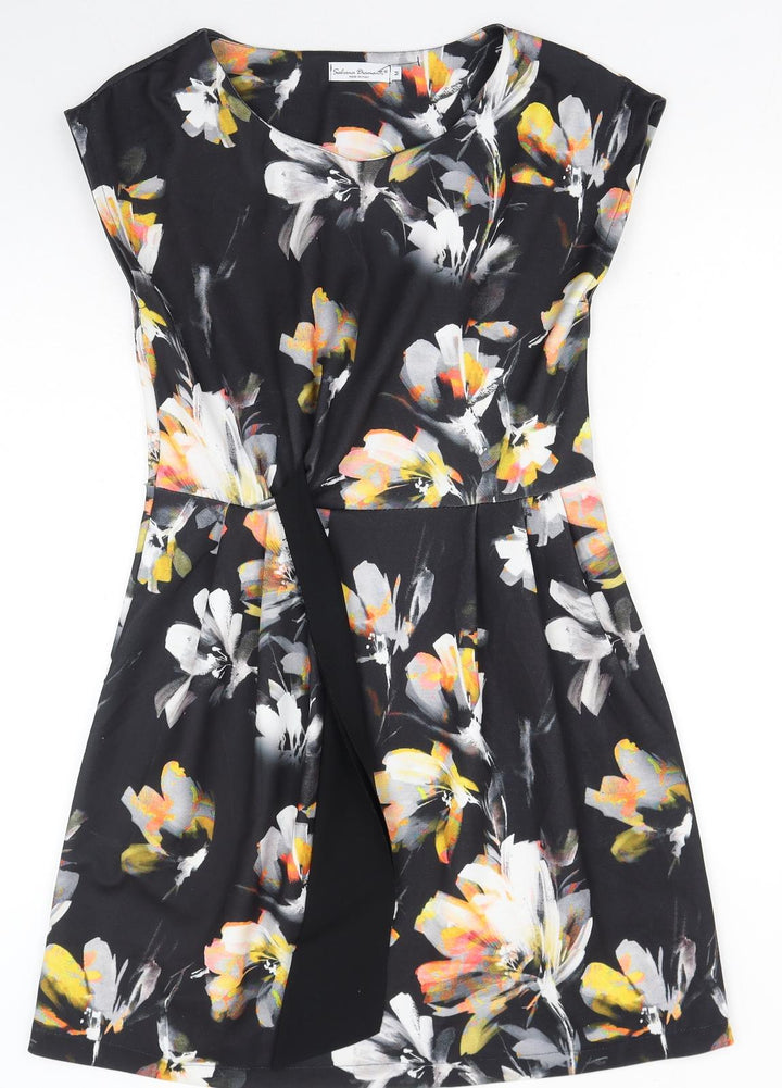 Sabrina Diamanti Womens Black Floral Polyester A-Line Size M Boat Neck Pullover