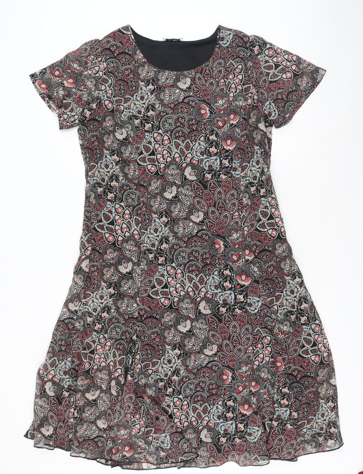 Damart Womens Black Paisley Polyester A-Line Size 14 Round Neck Button