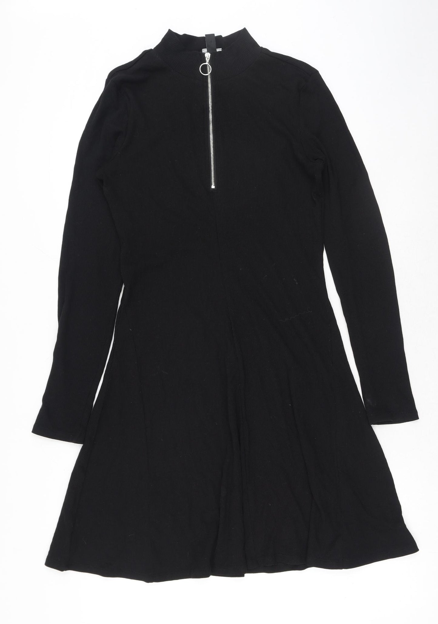 New Look Womens Black Cotton Skater Dress Size 14 Mock Neck Zip