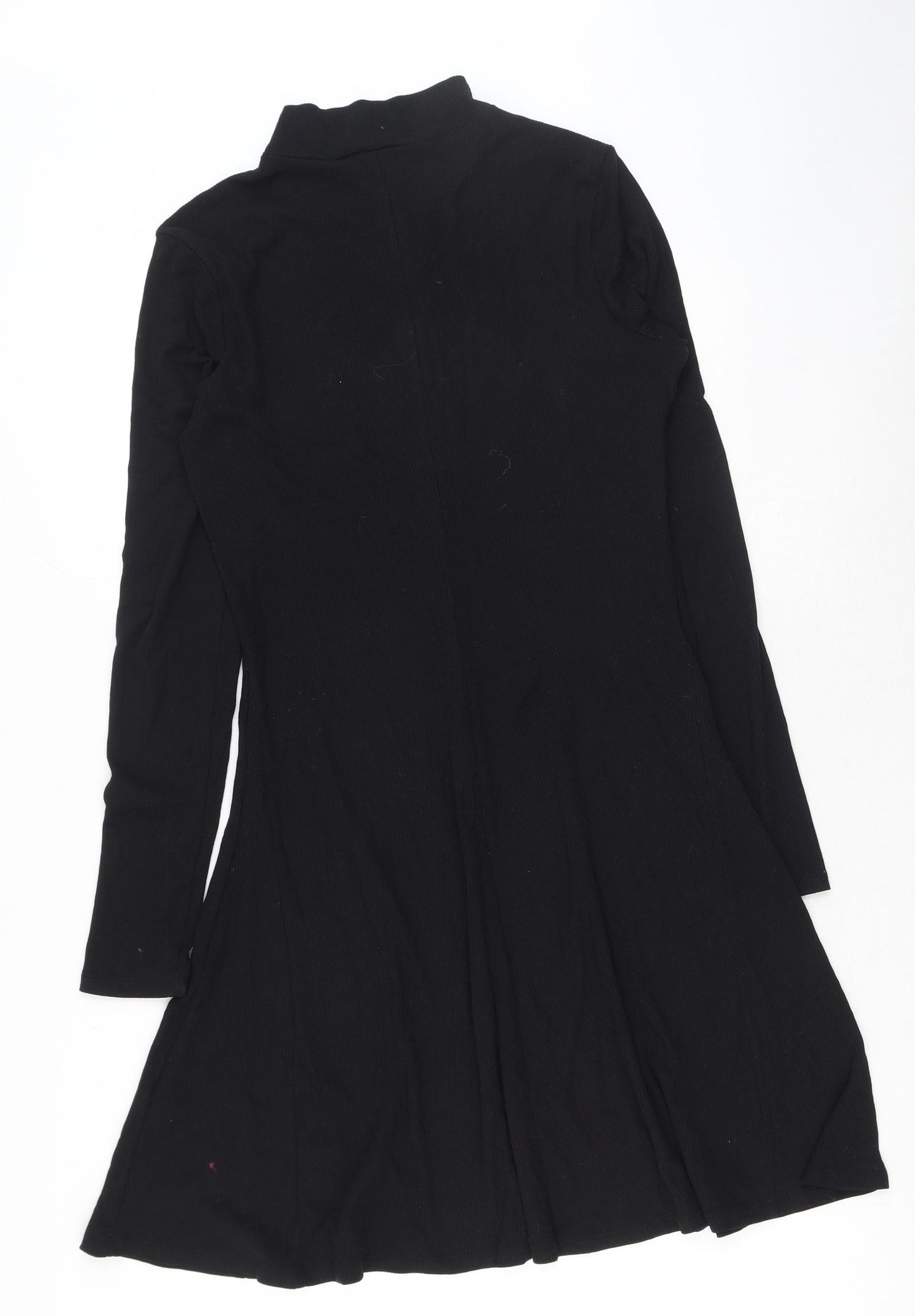 New Look Womens Black Cotton Skater Dress Size 14 Mock Neck Zip