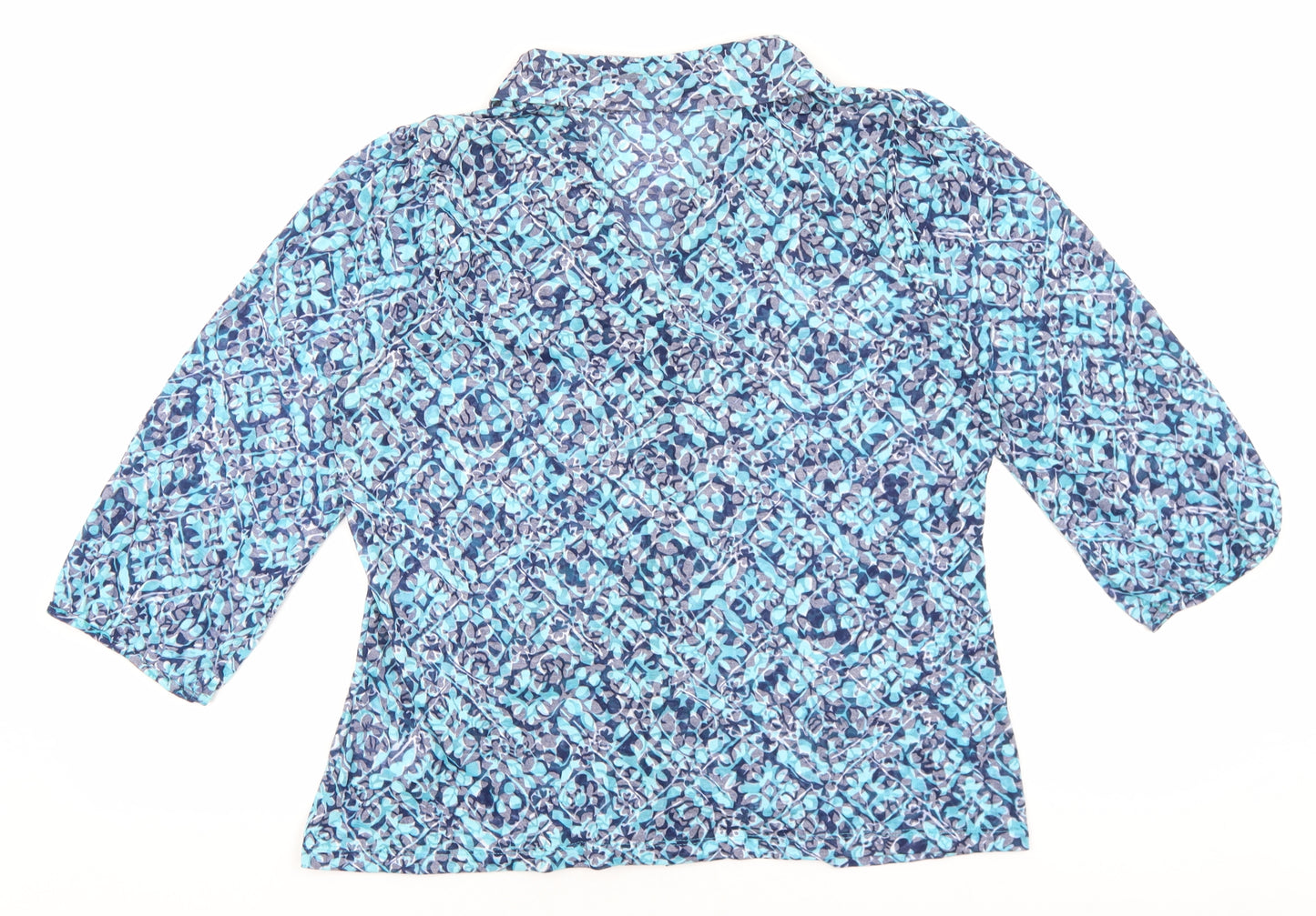 Marks and Spencer Womens Blue Geometric Cotton Basic Button-Up Size 18 V-Neck