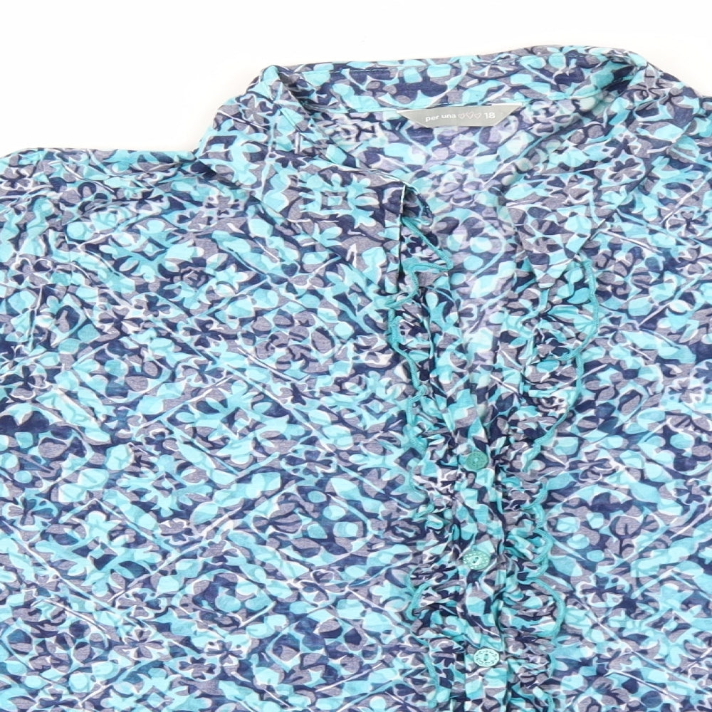 Marks and Spencer Womens Blue Geometric Cotton Basic Button-Up Size 18 V-Neck