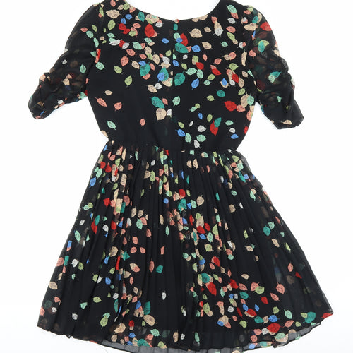 Oasis Womens Black Geometric Polyester Fit & Flare Size 10 Boat Neck Button