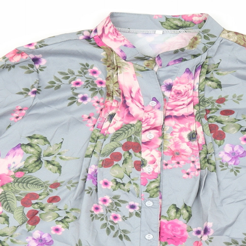 Preworn Womens Grey Floral Polyester Basic Button-Up Size 3XL Round Neck
