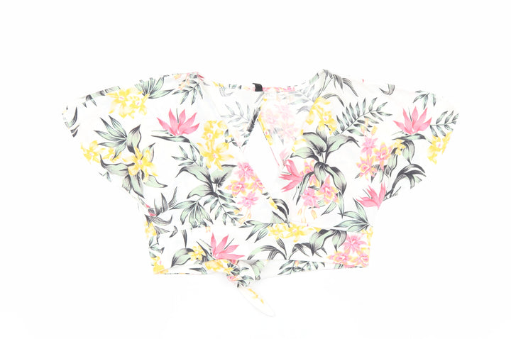 Divided Womens White Floral Polyester Cropped T-Shirt Size M V-Neck