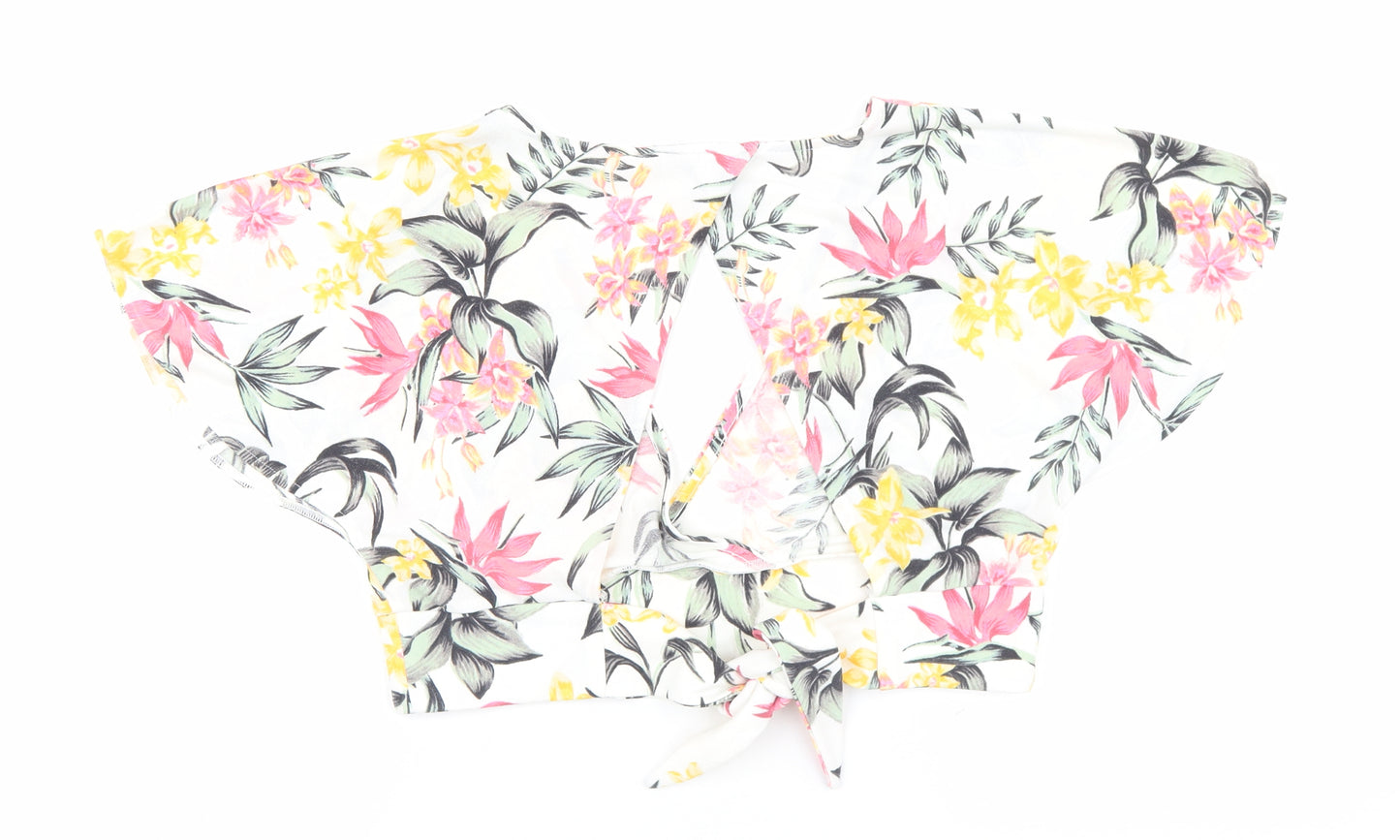 Divided Womens White Floral Polyester Cropped T-Shirt Size M V-Neck