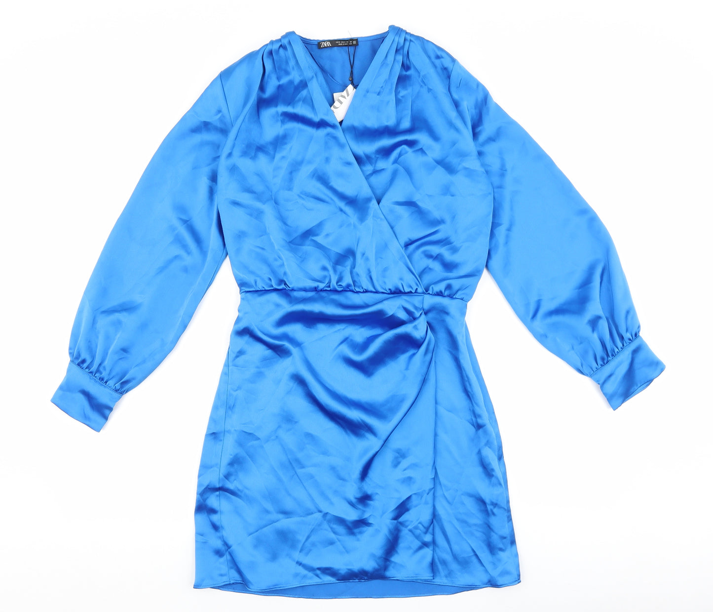Zara Womens Blue Polyester Sheath Size S V-Neck Zip