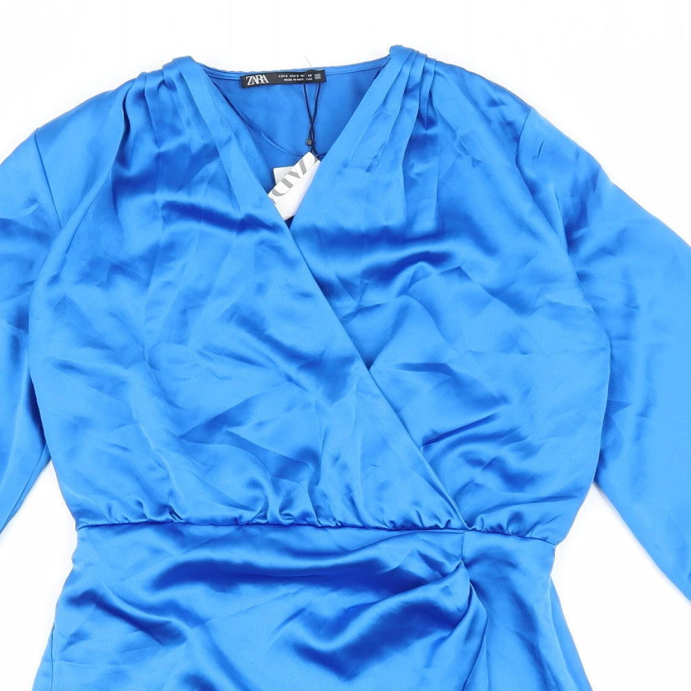 Zara Womens Blue Polyester Sheath Size S V-Neck Zip